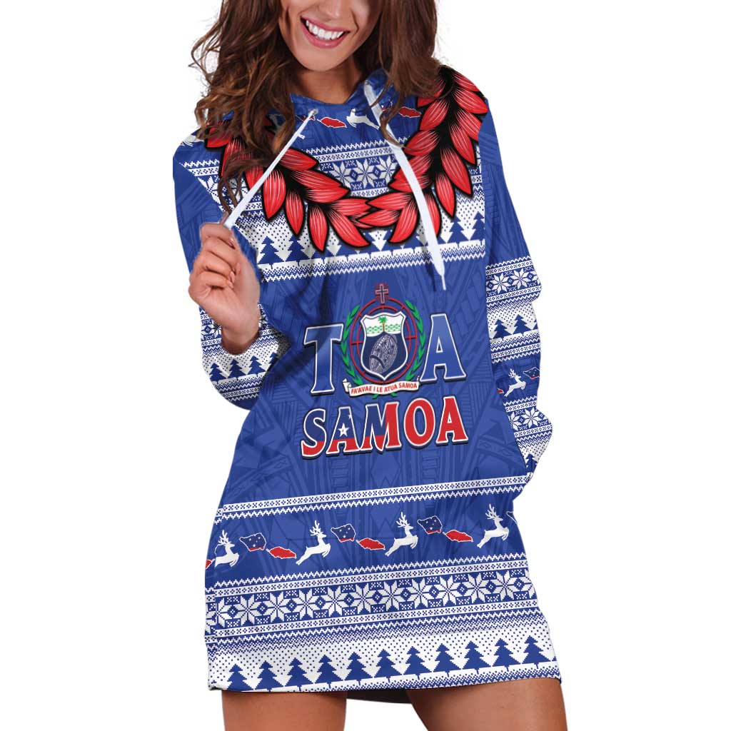 Personalised Toa Samoa Rugby Christmas Hoodie Dress Ula Fala Samoan Pattern Blue - Polynesian Pride