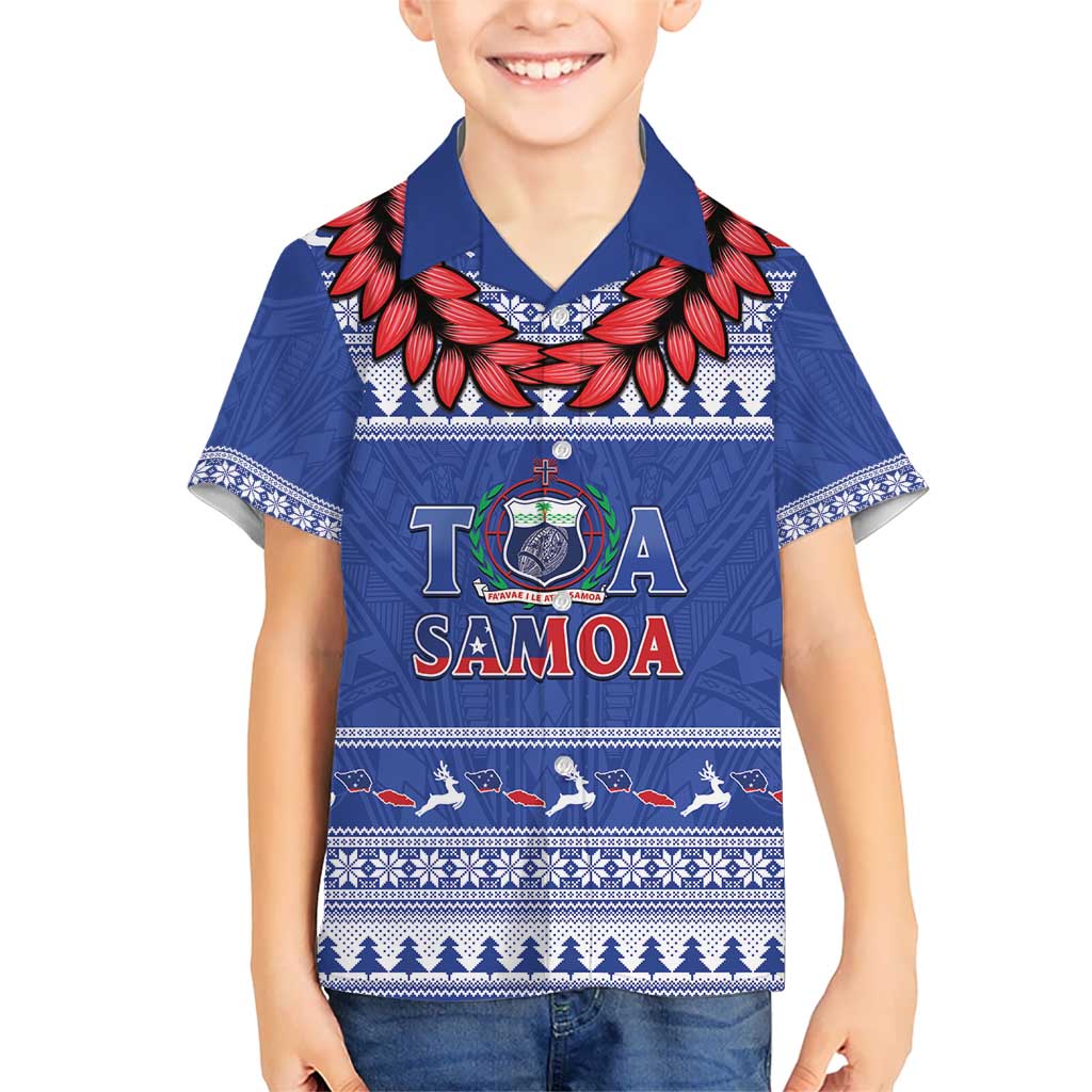 Personalised Toa Samoa Rugby Christmas Kid Hawaiian Shirt Ula Fala Samoan Pattern Blue - Polynesian Pride