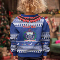 Personalised Toa Samoa Rugby Christmas Kid Ugly Christmas Sweater Ula Fala Samoan Pattern Blue - Polynesian Pride