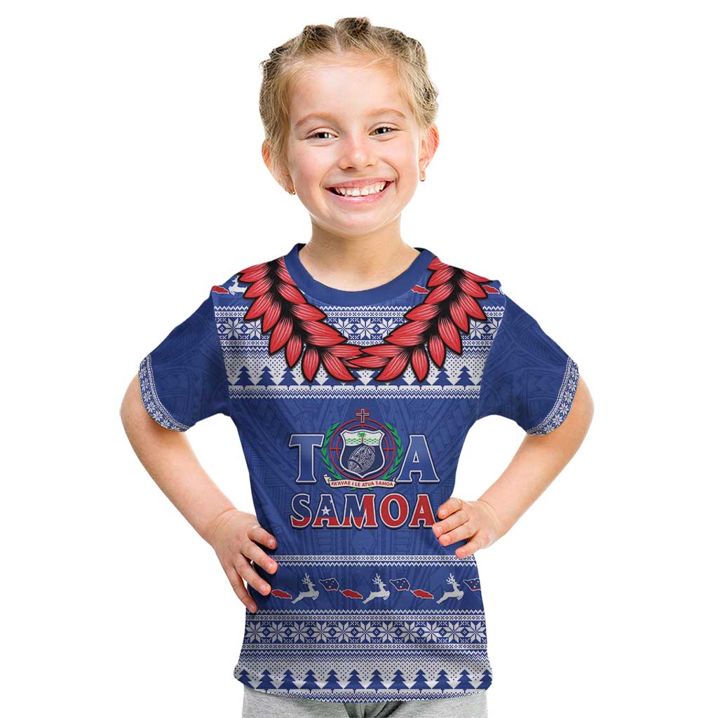 Personalised Toa Samoa Rugby Christmas Kid T Shirt Ula Fala Samoan Pattern Blue - Polynesian Pride