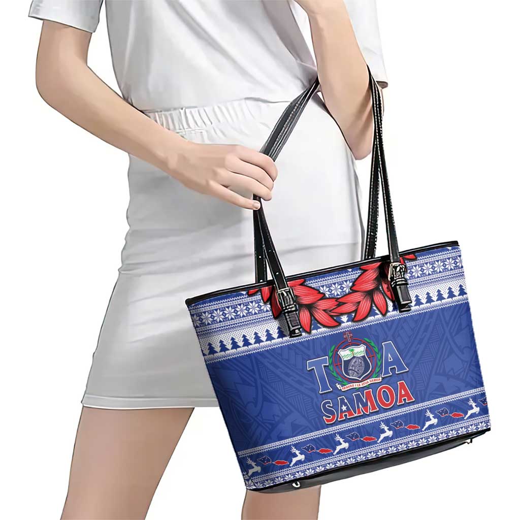 Toa Samoa Rugby Christmas Leather Tote Bag Ula Fala Samoan Pattern Blue - Polynesian Pride