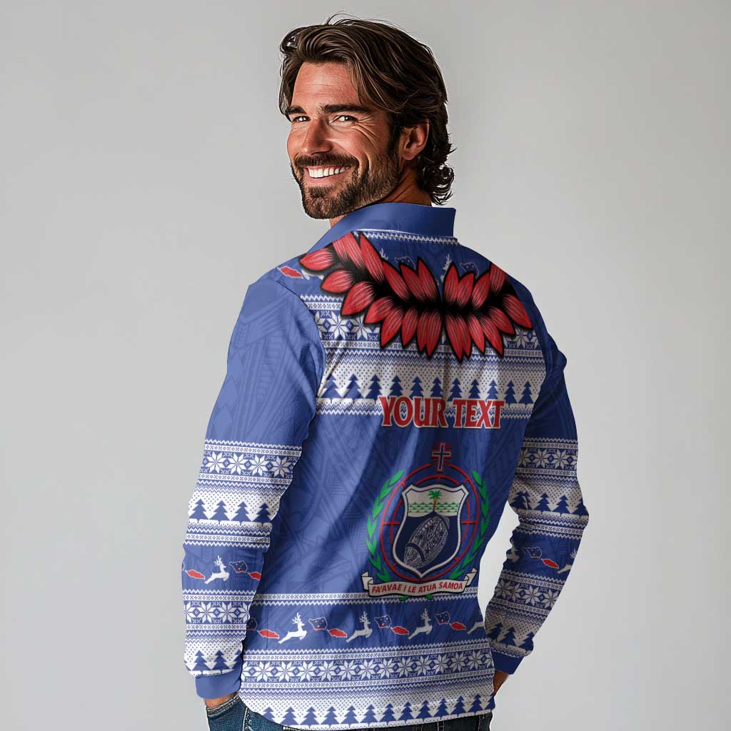 Personalised Toa Samoa Rugby Christmas Long Sleeve Polo Shirt Ula Fala Samoan Pattern Blue - Polynesian Pride