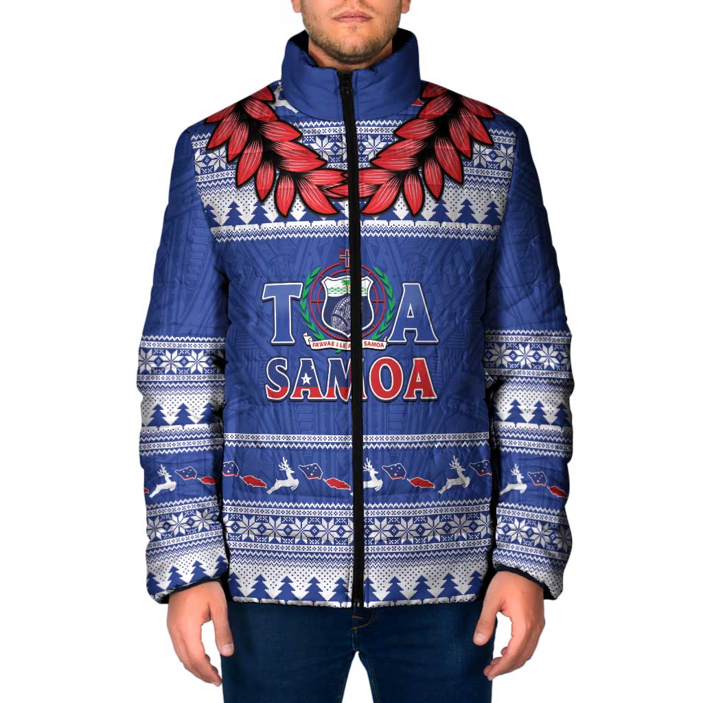 Personalised Toa Samoa Rugby Christmas Padded Jacket Ula Fala Samoan Pattern Blue - Polynesian Pride