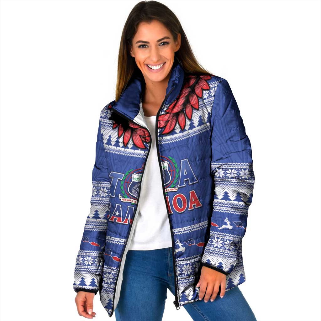 Personalised Toa Samoa Rugby Christmas Padded Jacket Ula Fala Samoan Pattern Blue - Polynesian Pride