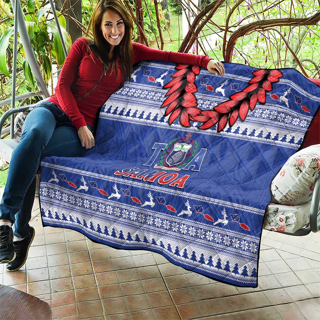 Toa Samoa Rugby Christmas Quilt Ula Fala Samoan Pattern Blue - Polynesian Pride