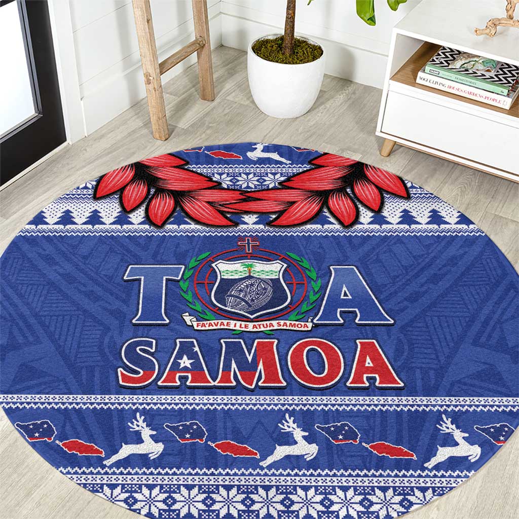 Toa Samoa Rugby Christmas Round Carpet Ula Fala Samoan Pattern Blue - Polynesian Pride