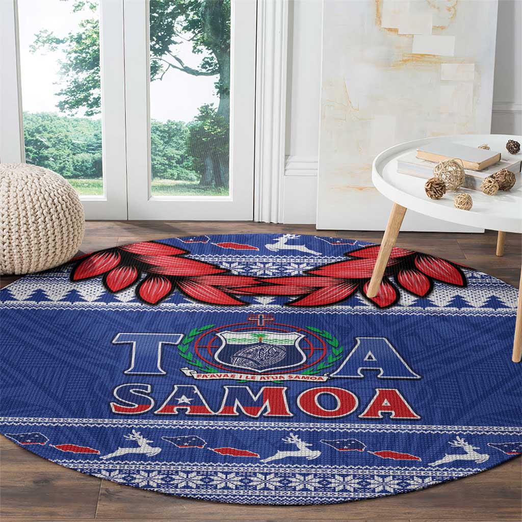 Toa Samoa Rugby Christmas Round Carpet Ula Fala Samoan Pattern Blue - Polynesian Pride