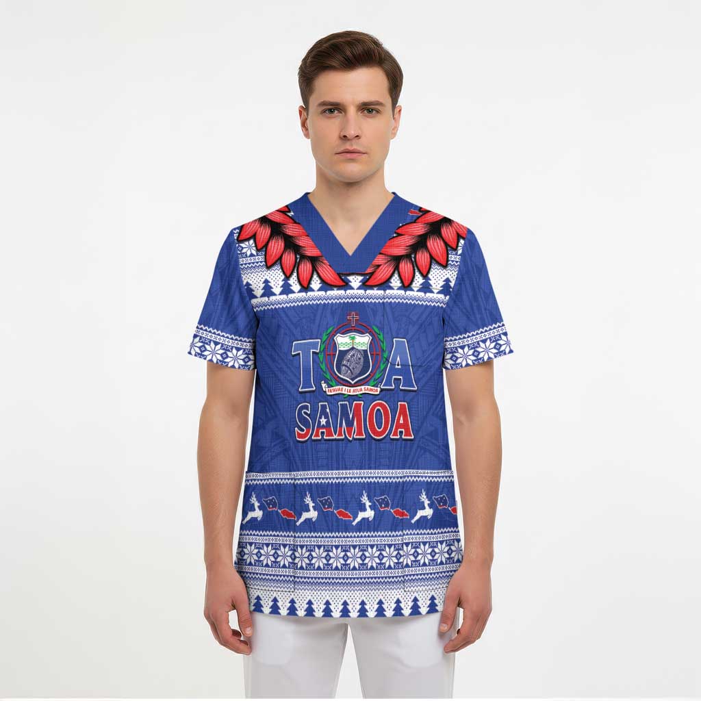 Personalised Toa Samoa Rugby Christmas Scrub Top Ula Fala Samoan Pattern Blue - Polynesian Pride