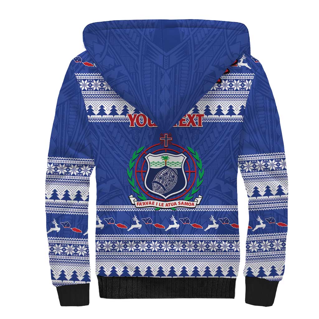 Personalised Toa Samoa Rugby Christmas Sherpa Hoodie Ula Fala Samoan Pattern Blue - Polynesian Pride
