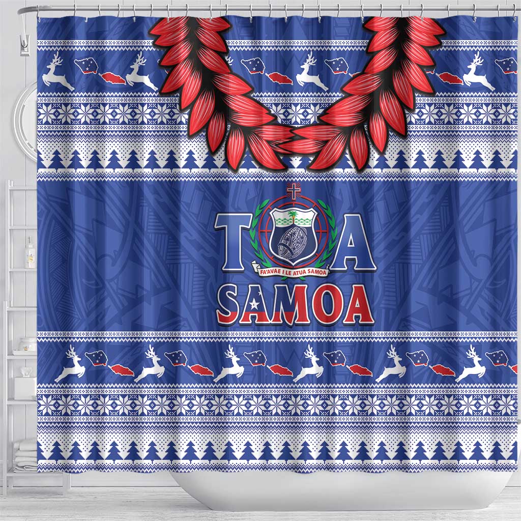 Toa Samoa Rugby Christmas Shower Curtain Ula Fala Samoan Pattern Blue - Polynesian Pride