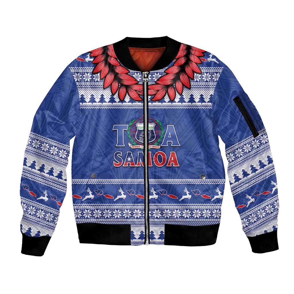 Personalised Toa Samoa Rugby Christmas Sleeve Zip Bomber Jacket Ula Fala Samoan Pattern Blue - Polynesian Pride