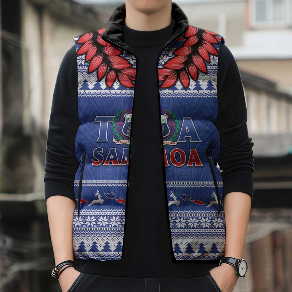 Personalised Toa Samoa Rugby Christmas Sleeveless Puffer Jacket Ula Fala Samoan Pattern Blue - Polynesian Pride