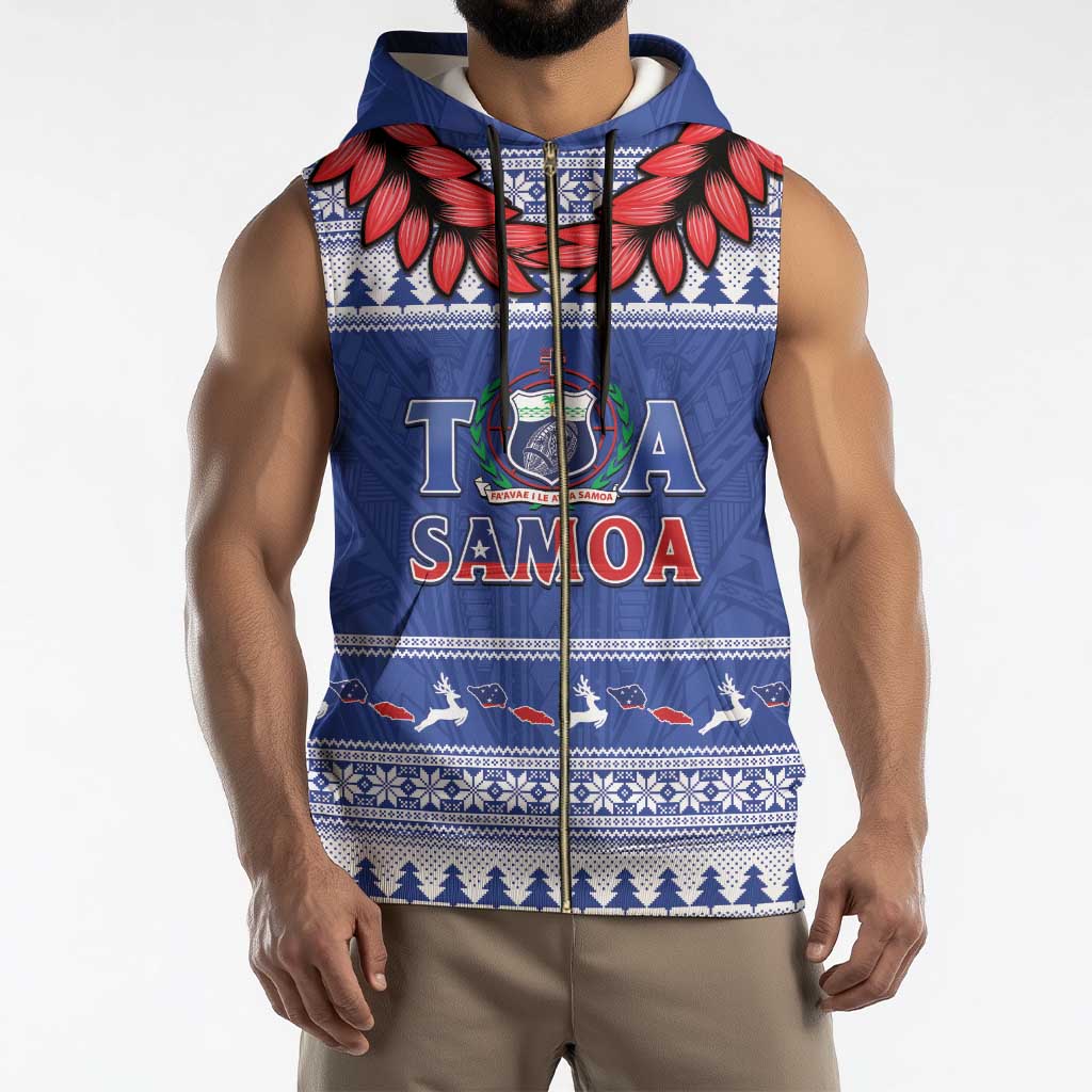 Personalised Toa Samoa Rugby Christmas Sleeveless Zip Hoodie Ula Fala Samoan Pattern Blue - Polynesian Pride