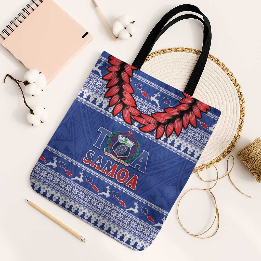 Toa Samoa Rugby Christmas Tote Bag Ula Fala Samoan Pattern Blue - Polynesian Pride