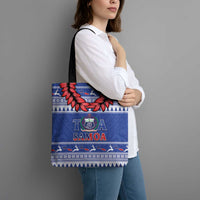 Toa Samoa Rugby Christmas Tote Bag Ula Fala Samoan Pattern Blue - Polynesian Pride