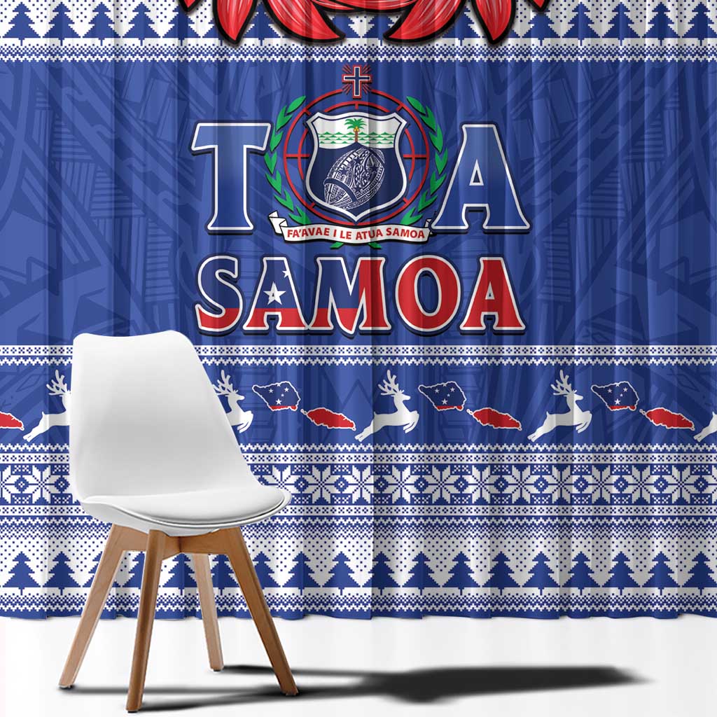 Toa Samoa Rugby Christmas Window Curtain Ula Fala Samoan Pattern Blue - Polynesian Pride
