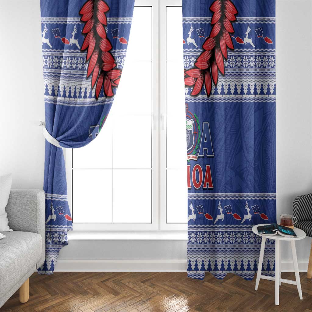 Toa Samoa Rugby Christmas Window Curtain Ula Fala Samoan Pattern Blue - Polynesian Pride