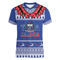 Personalised Toa Samoa Rugby Christmas Women V-Neck T-Shirt Ula Fala Samoan Pattern Blue - Polynesian Pride