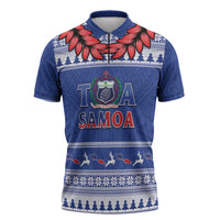 Personalised Toa Samoa Rugby Christmas Zipper Polo Shirt Ula Fala Samoan Pattern Blue - Polynesian Pride
