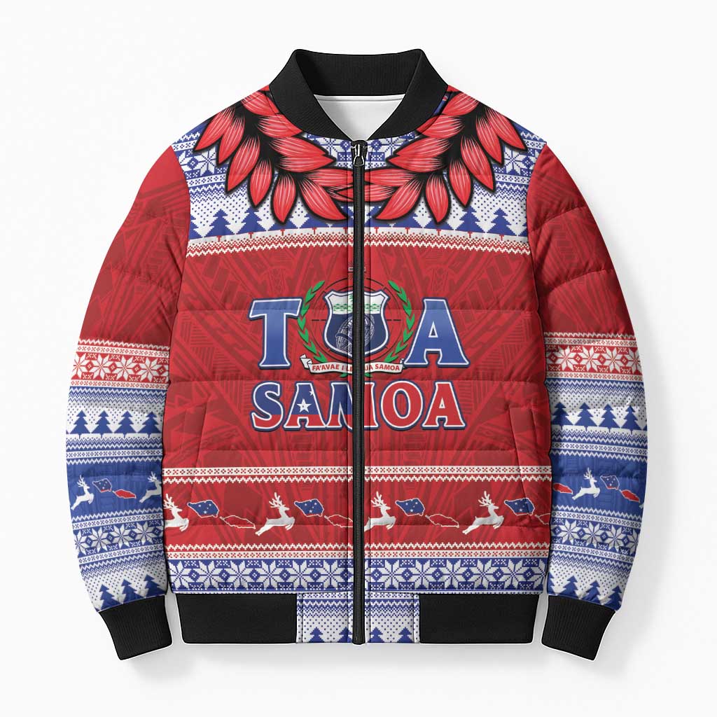 Personalised Toa Samoa Rugby Christmas Bomber Puffer Jacket Ula Fala Samoan Pattern Red - Polynesian Pride