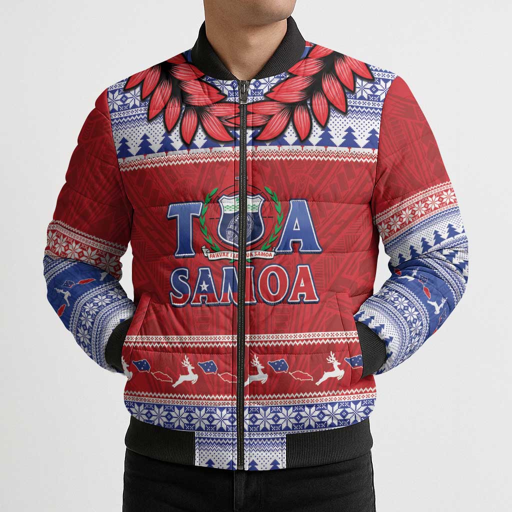 Personalised Toa Samoa Rugby Christmas Bomber Puffer Jacket Ula Fala Samoan Pattern Red - Polynesian Pride