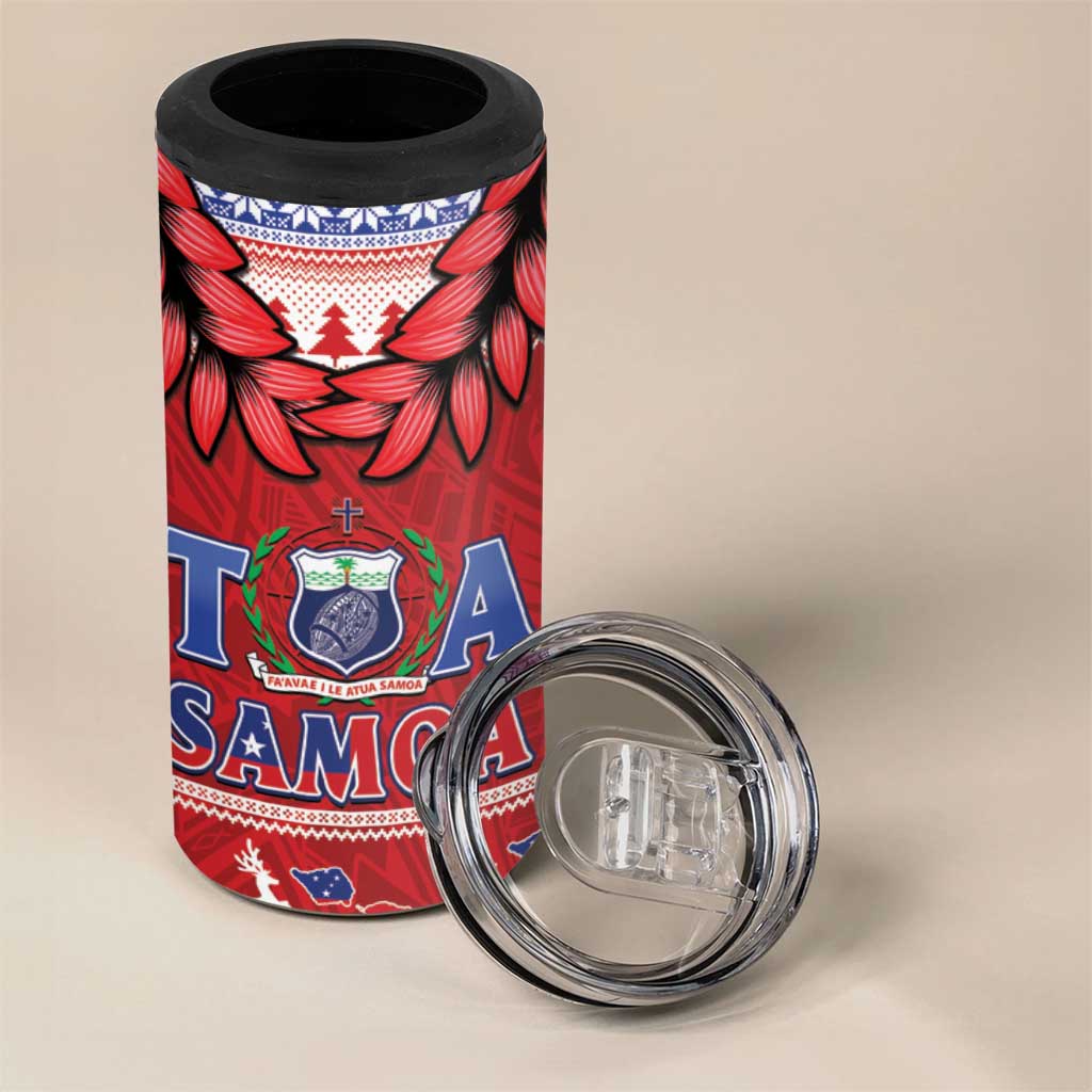 Toa Samoa Rugby Christmas 4 in 1 Can Cooler Tumbler Ula Fala Samoan Pattern Red - Polynesian Pride
