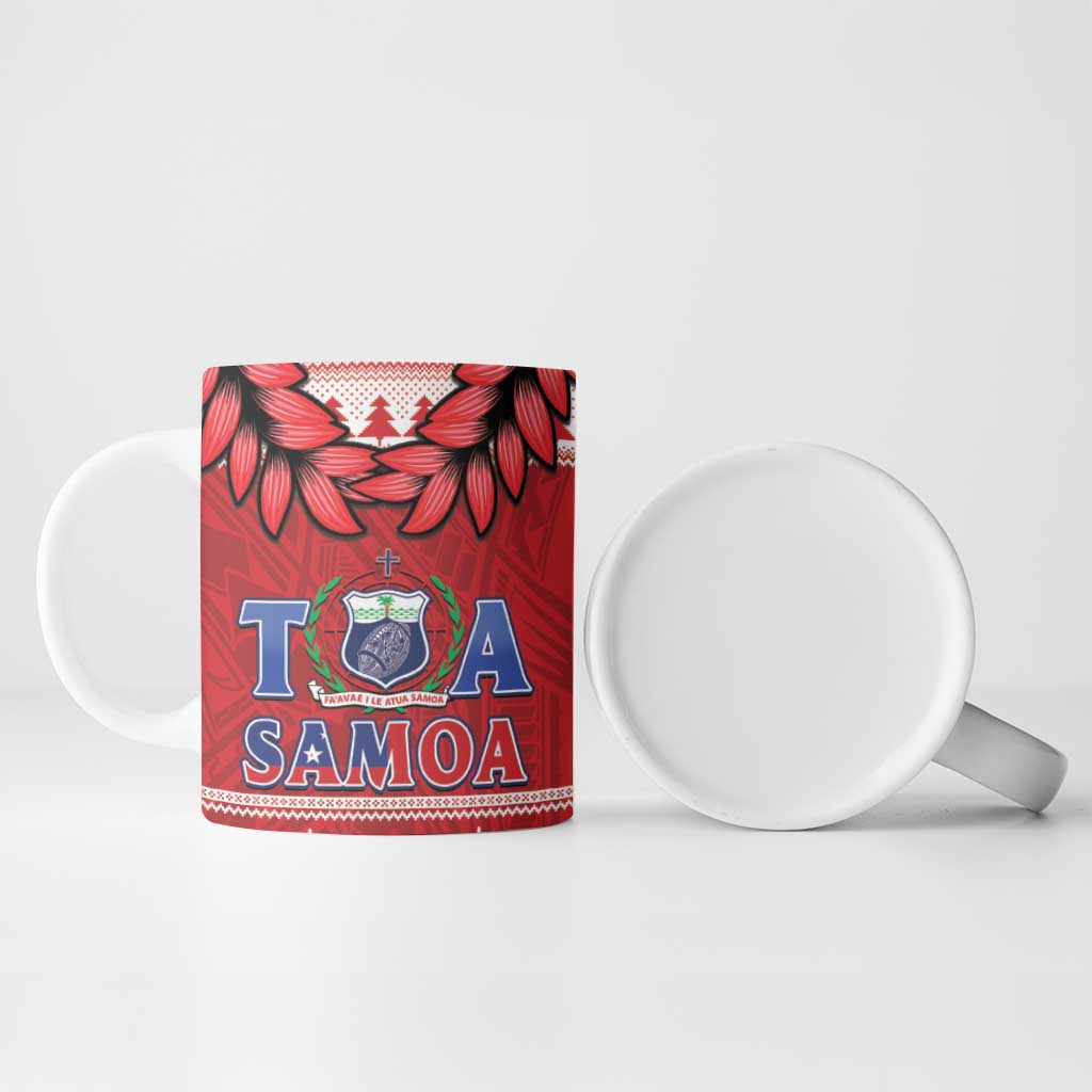 Toa Samoa Rugby Christmas Ceramic Mug Ula Fala Samoan Pattern Red - Polynesian Pride