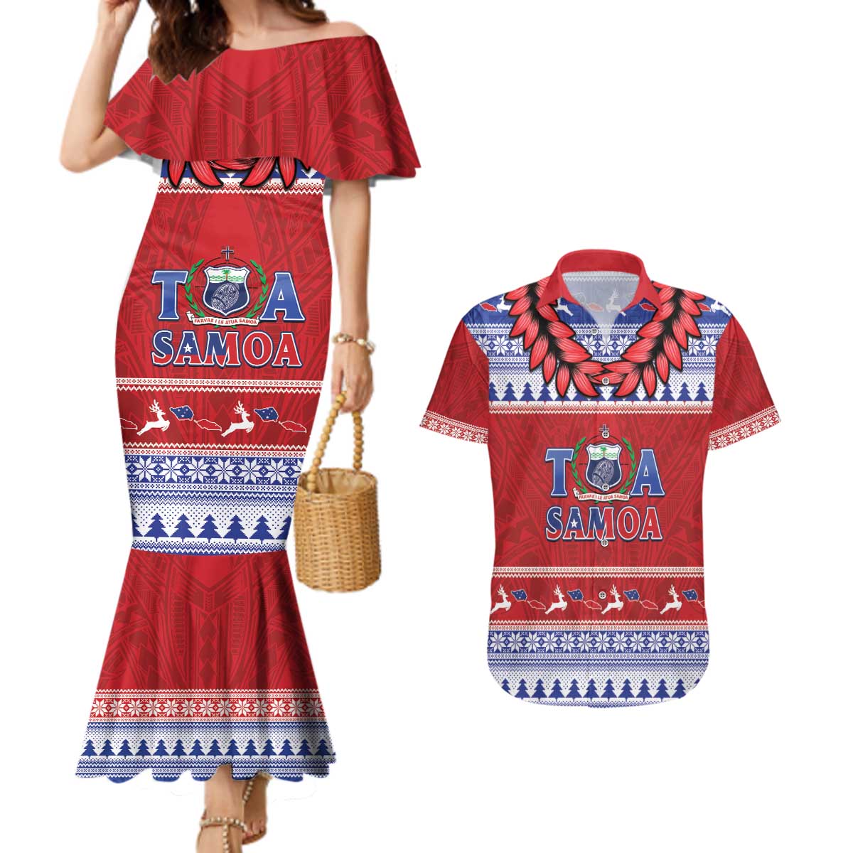 Personalised Toa Samoa Rugby Christmas Couples Matching Mermaid Dress and Hawaiian Shirt Ula Fala Samoan Pattern Red - Polynesian Pride
