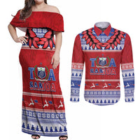 Personalised Toa Samoa Rugby Christmas Couples Matching Off Shoulder Maxi Dress and Long Sleeve Button Shirt Ula Fala Samoan Pattern Red - Polynesian Pride