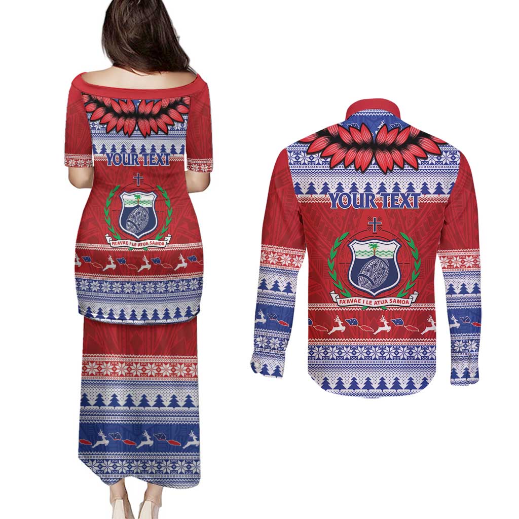 Personalised Toa Samoa Rugby Christmas Couples Matching Puletasi and Long Sleeve Button Shirt Ula Fala Samoan Pattern Red - Polynesian Pride