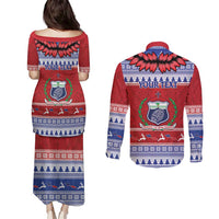 Personalised Toa Samoa Rugby Christmas Couples Matching Puletasi and Long Sleeve Button Shirt Ula Fala Samoan Pattern Red - Polynesian Pride