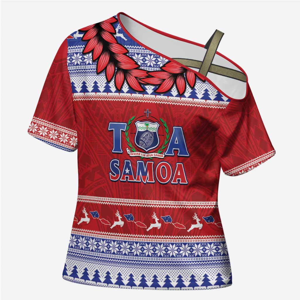 Personalised Toa Samoa Rugby Christmas Cross Shoulder Shirt Ula Fala Samoan Pattern Red - Polynesian Pride