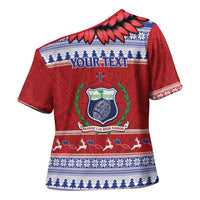 Personalised Toa Samoa Rugby Christmas Cross Shoulder Shirt Ula Fala Samoan Pattern Red - Polynesian Pride