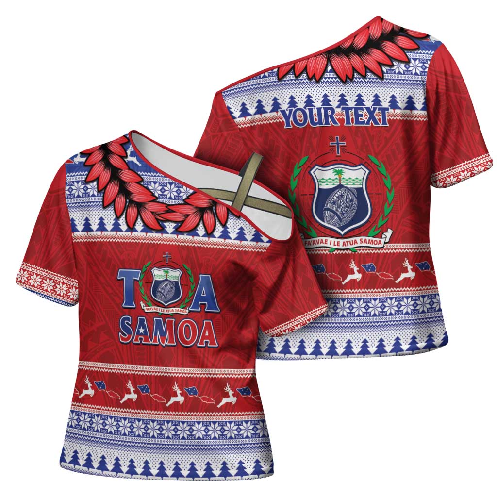 Personalised Toa Samoa Rugby Christmas Cross Shoulder Shirt Ula Fala Samoan Pattern Red - Polynesian Pride