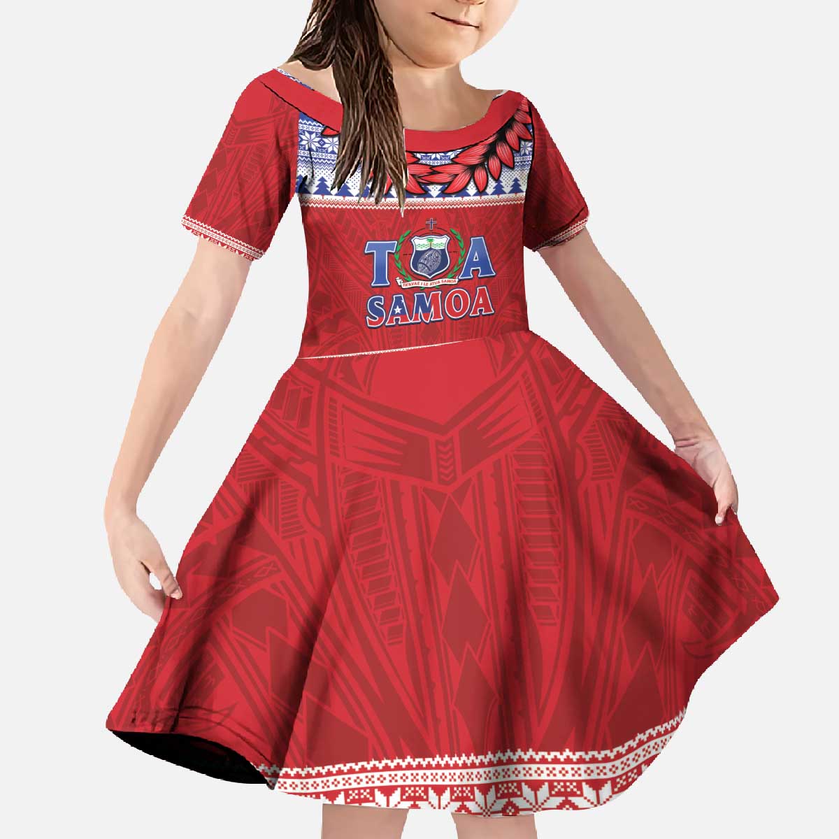 Personalised Toa Samoa Rugby Christmas Family Matching Off The Shoulder Long Sleeve Dress and Hawaiian Shirt Ula Fala Samoan Pattern Red - Polynesian Pride