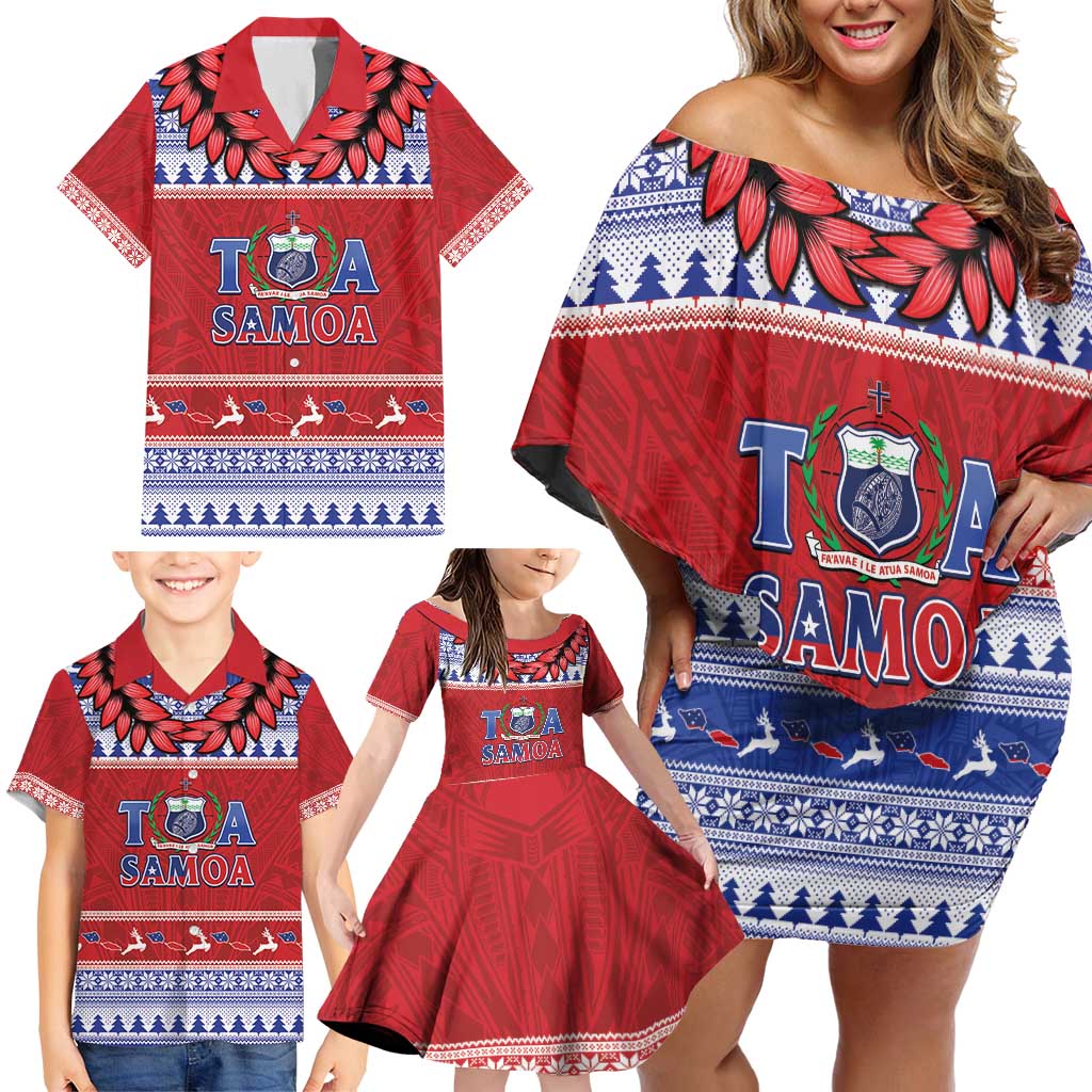 Personalised Toa Samoa Rugby Christmas Family Matching Off Shoulder Short Dress and Hawaiian Shirt Ula Fala Samoan Pattern Red - Polynesian Pride