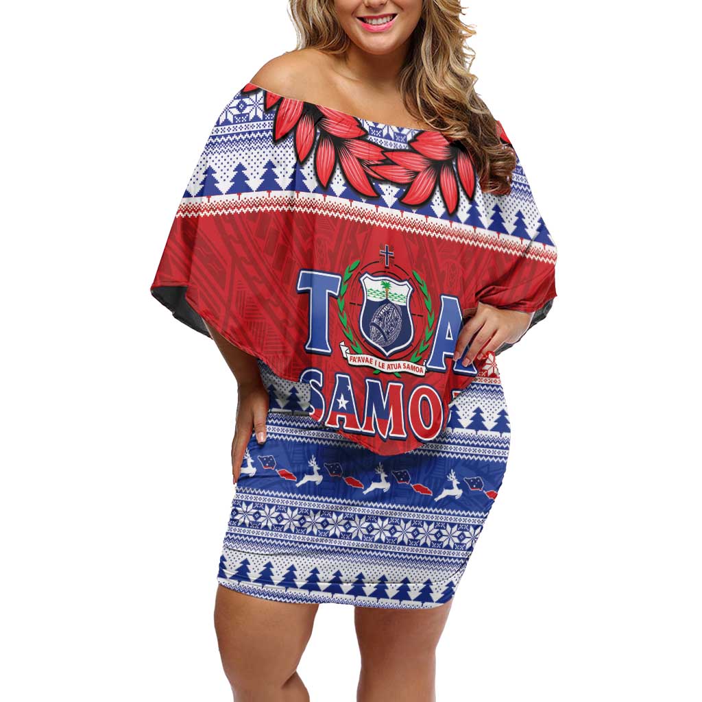 Personalised Toa Samoa Rugby Christmas Family Matching Off Shoulder Short Dress and Hawaiian Shirt Ula Fala Samoan Pattern Red - Polynesian Pride