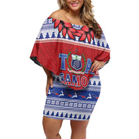 Personalised Toa Samoa Rugby Christmas Family Matching Off Shoulder Short Dress and Hawaiian Shirt Ula Fala Samoan Pattern Red - Polynesian Pride