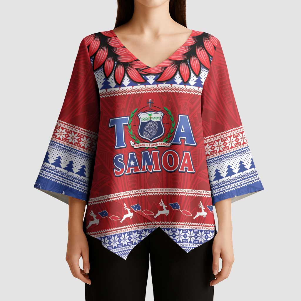 Personalised Toa Samoa Rugby Christmas Kimono Sleeve Blouse Ula Fala Samoan Pattern Red - Polynesian Pride