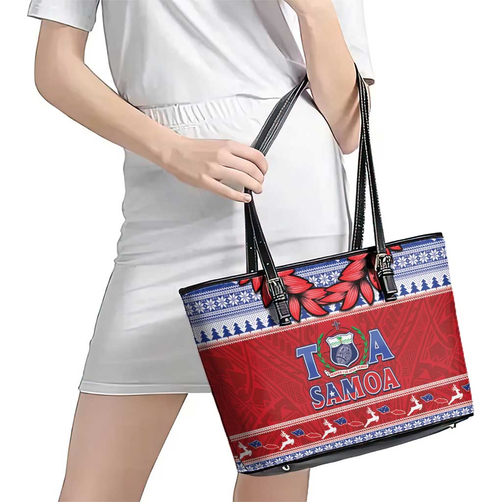 Toa Samoa Rugby Christmas Leather Tote Bag Ula Fala Samoan Pattern Red - Polynesian Pride