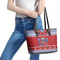 Toa Samoa Rugby Christmas Leather Tote Bag Ula Fala Samoan Pattern Red - Polynesian Pride