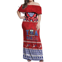Personalised Toa Samoa Rugby Christmas Off Shoulder Maxi Dress Ula Fala Samoan Pattern Red - Polynesian Pride