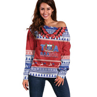 Personalised Toa Samoa Rugby Christmas Off Shoulder Sweater Ula Fala Samoan Pattern Red - Polynesian Pride
