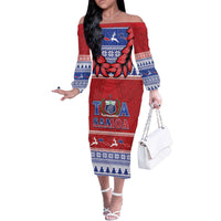 Personalised Toa Samoa Rugby Christmas Off The Shoulder Long Sleeve Dress Ula Fala Samoan Pattern Red - Polynesian Pride