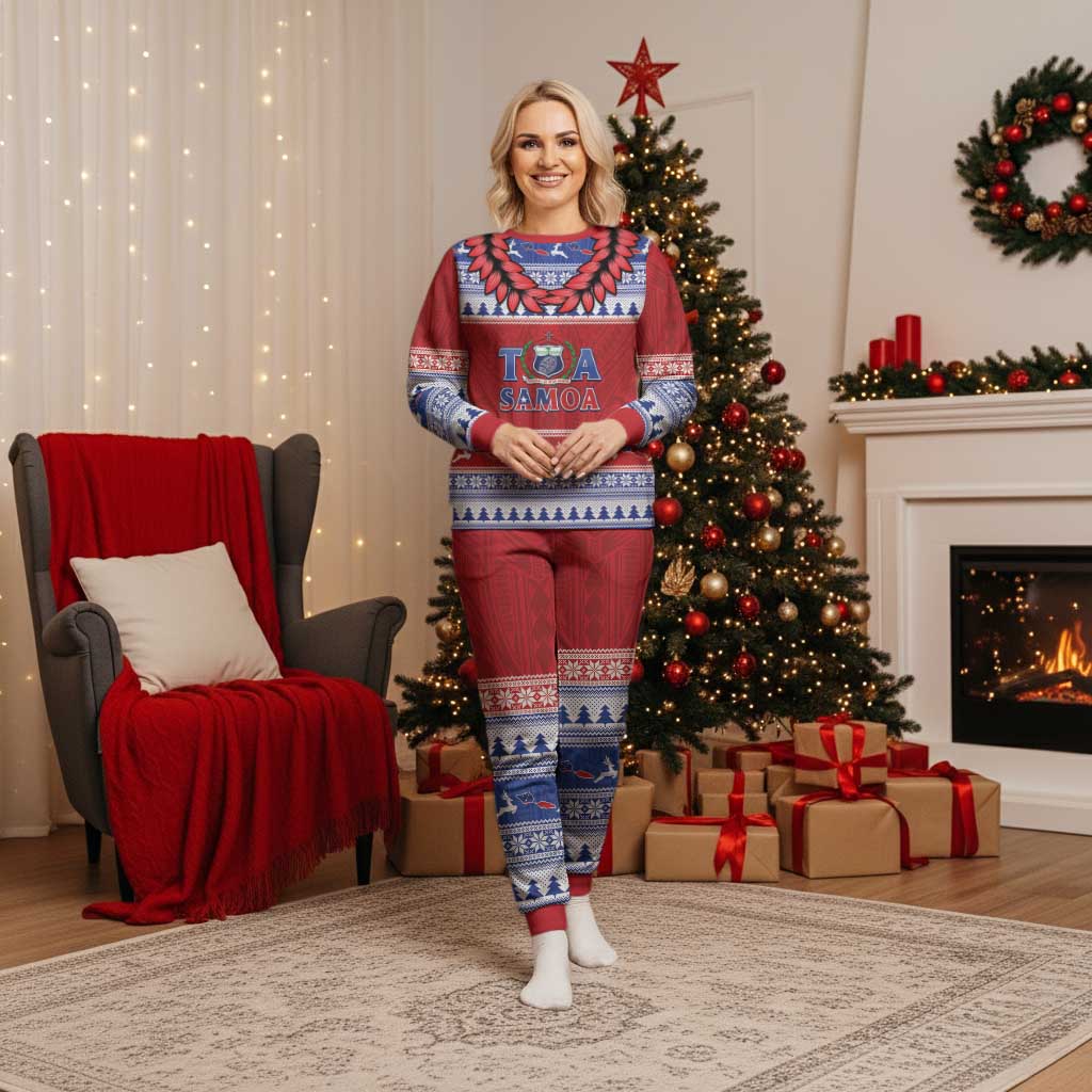 Personalised Toa Samoa Rugby Christmas Pajama Set Ula Fala Samoan Pattern Red - Polynesian Pride
