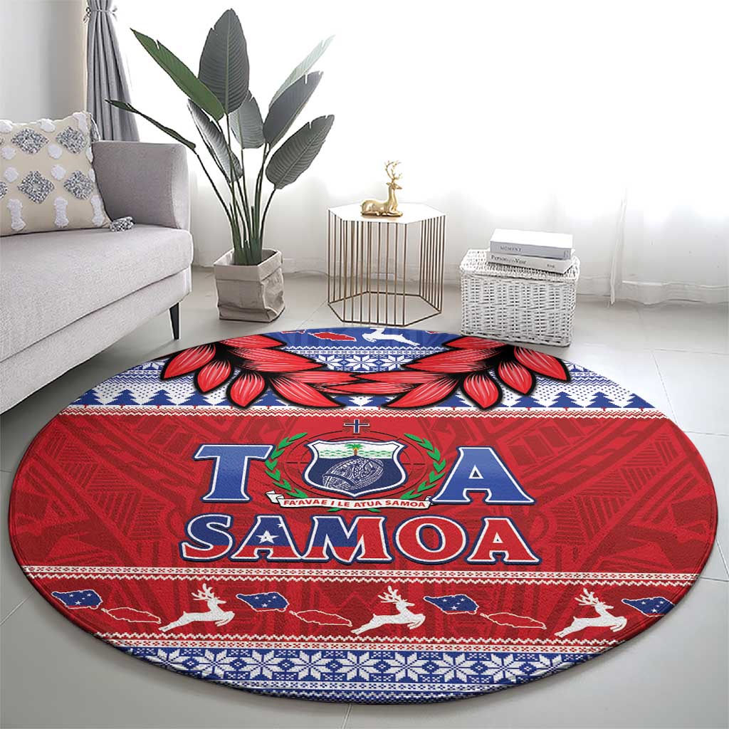 Toa Samoa Rugby Christmas Round Carpet Ula Fala Samoan Pattern Red - Polynesian Pride