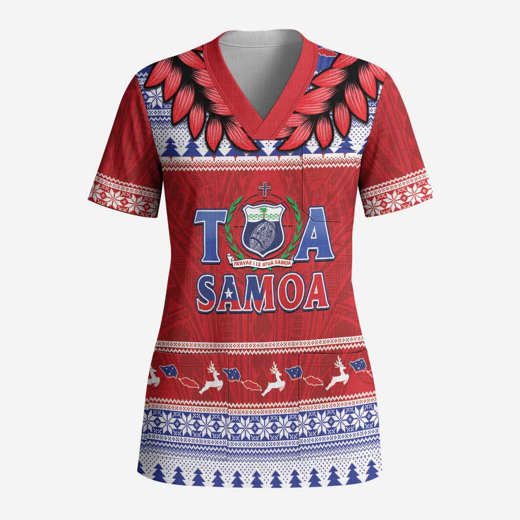 Personalised Toa Samoa Rugby Christmas Scrub Top Ula Fala Samoan Pattern Red - Polynesian Pride