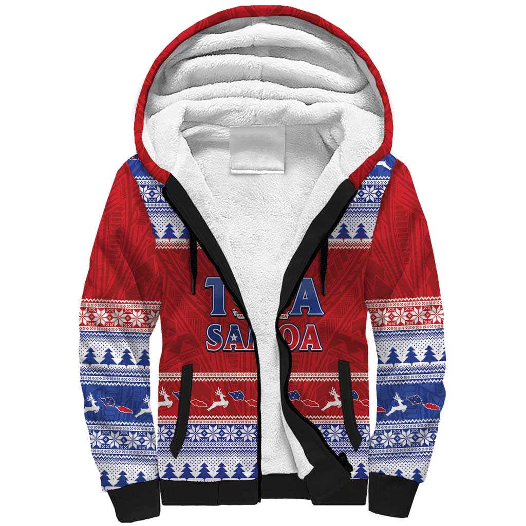 Personalised Toa Samoa Rugby Christmas Sherpa Hoodie Ula Fala Samoan Pattern Red - Polynesian Pride