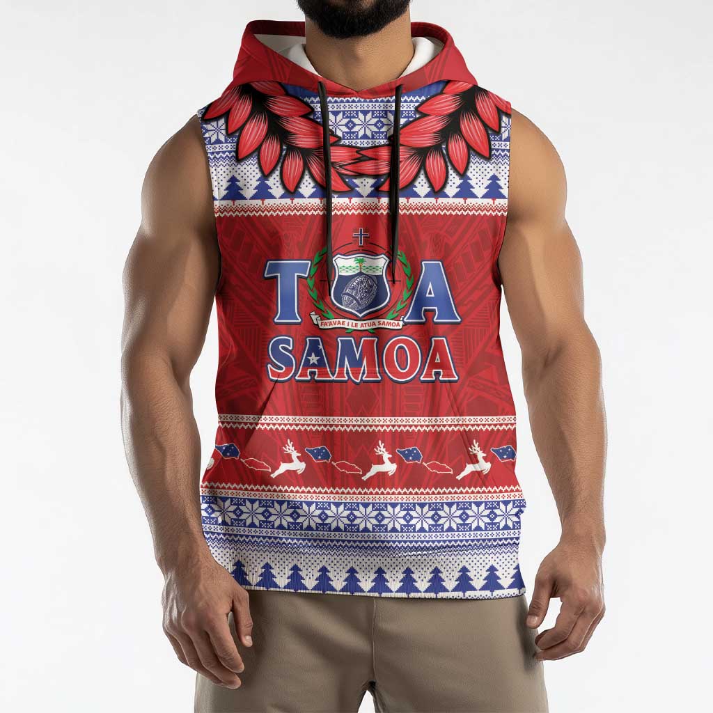 Personalised Toa Samoa Rugby Christmas Sleeveless Hoodie Ula Fala Samoan Pattern Red - Polynesian Pride