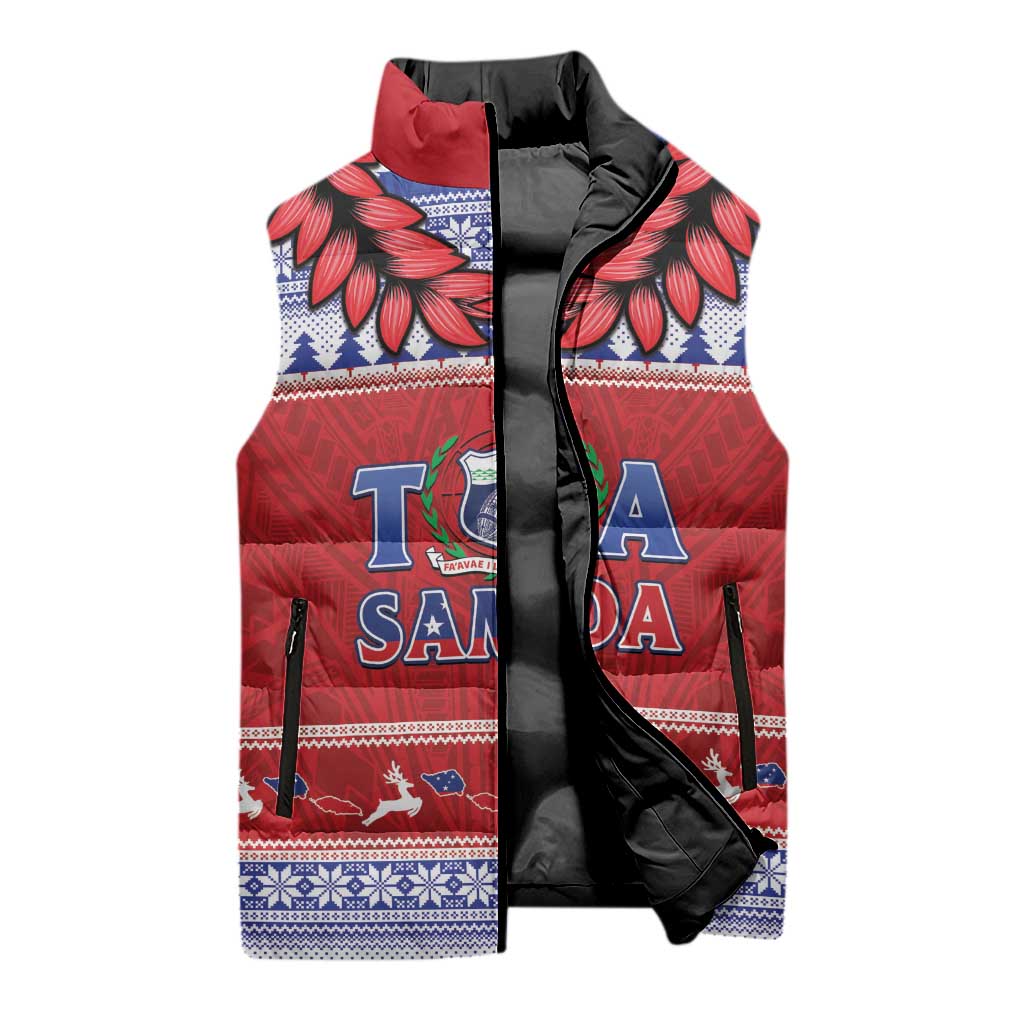 Personalised Toa Samoa Rugby Christmas Sleeveless Puffer Jacket Ula Fala Samoan Pattern Red - Polynesian Pride